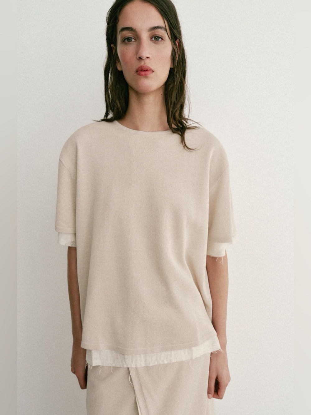 Zara Cream Layered Short-Sleeve Knit Top